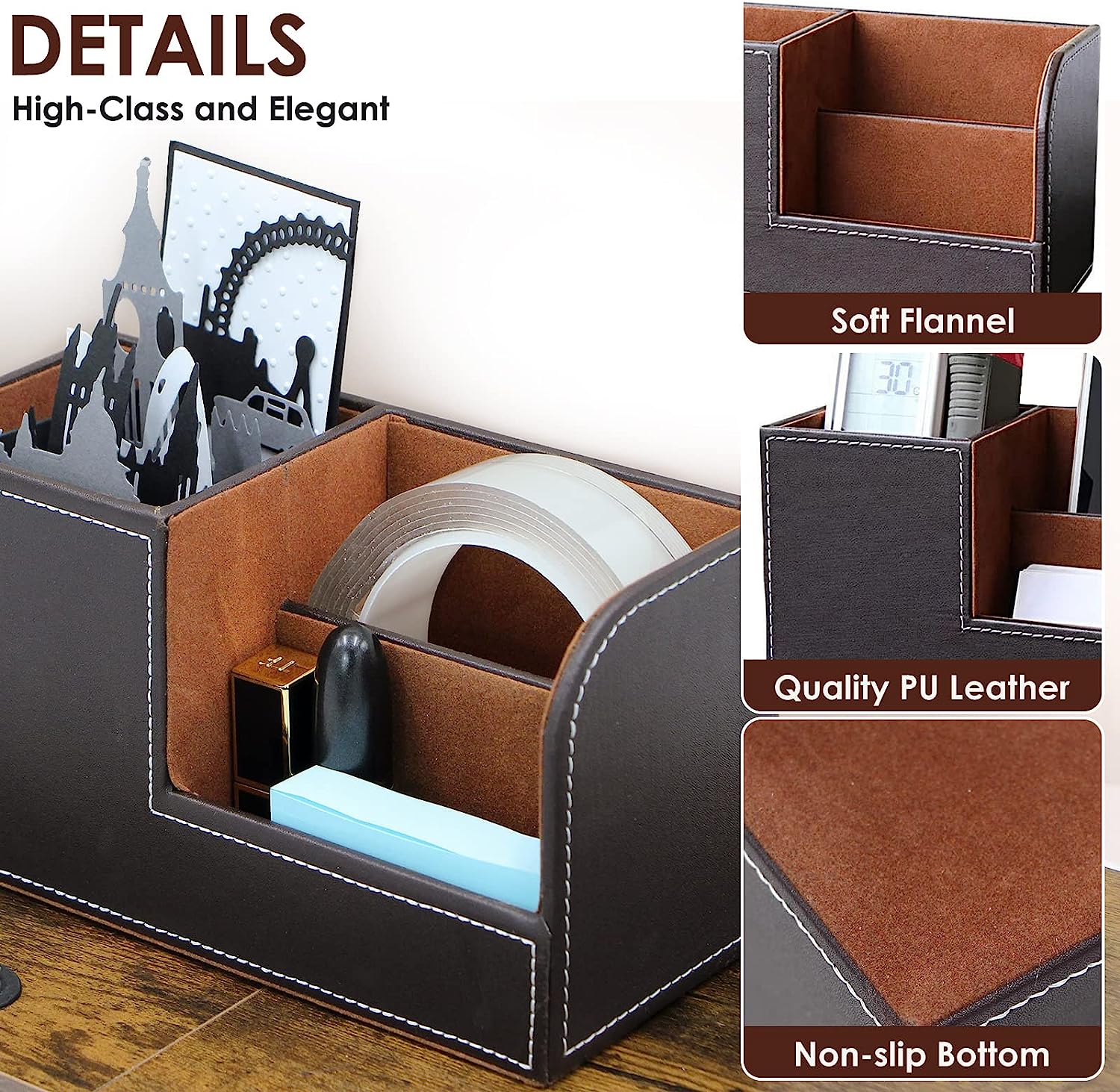 TooCust Leather Office Desk Organizer with Drawer, Multi-function Office Supplies for Desk Top Organizer,Black Mens Desk Accessories,Teacher Desk Organizer for Pen Pencil Holders and Organizers - Image 2